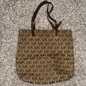 Michael Kors Brown MK Logo Canvas Tote with Dark Brown Straps